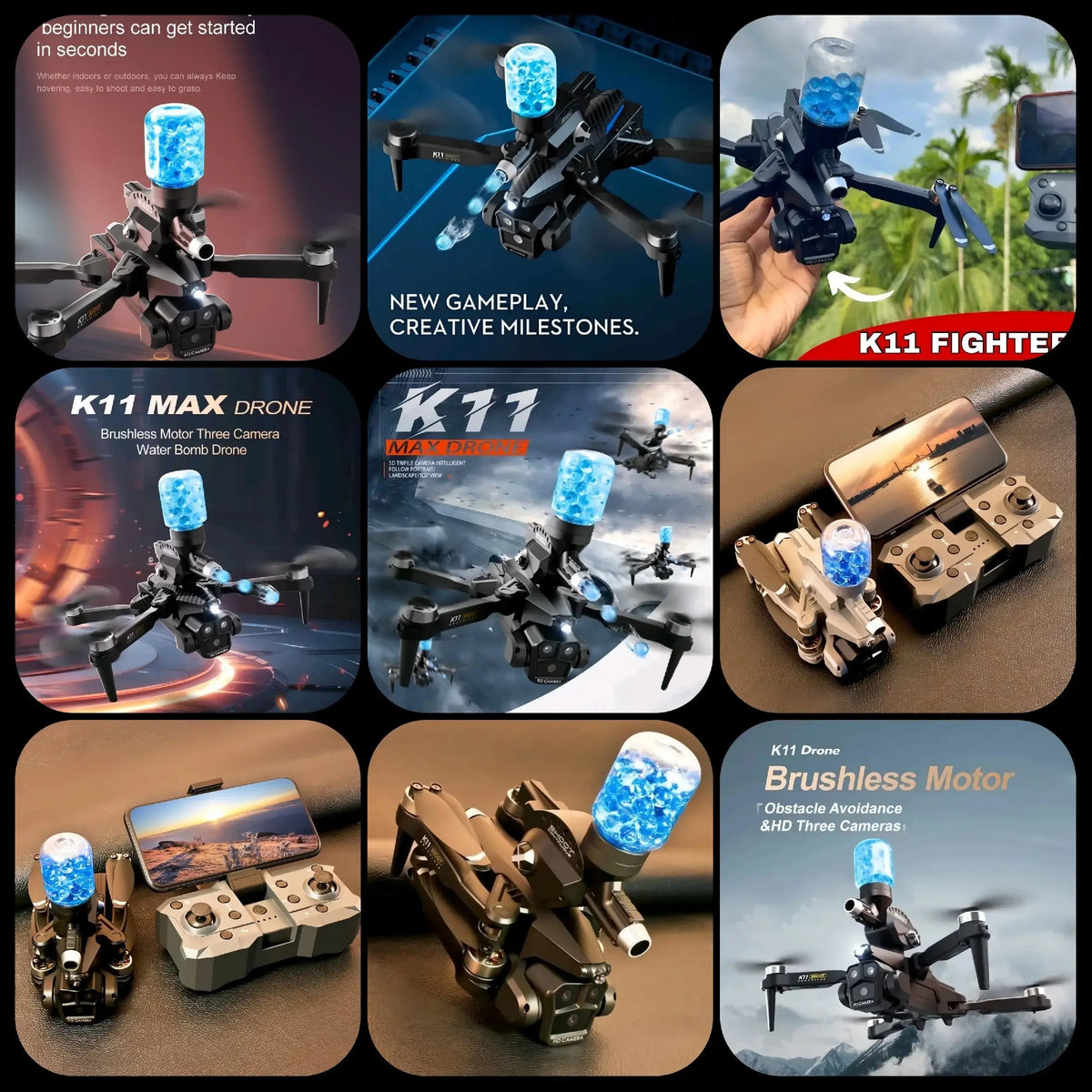 Remote Control Drone with Triple Camera And Water Ball Shooter